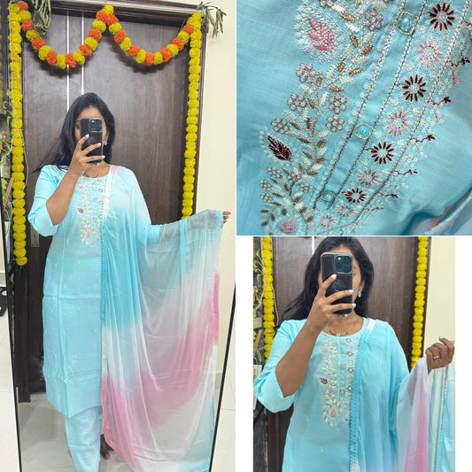 Blue Pink Poly by Viscose Top Bottom and Dupatta is Pure Naznin with lace