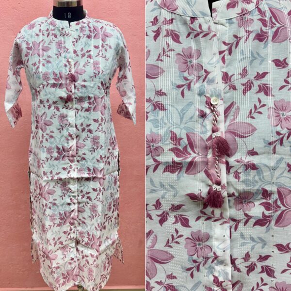 Pink & White Kota Cotton Floral Printed Kurta