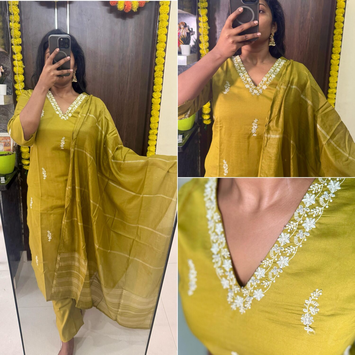Mustard Viscose beats Work Kurta With Jacquard Dupatta Kurta Set