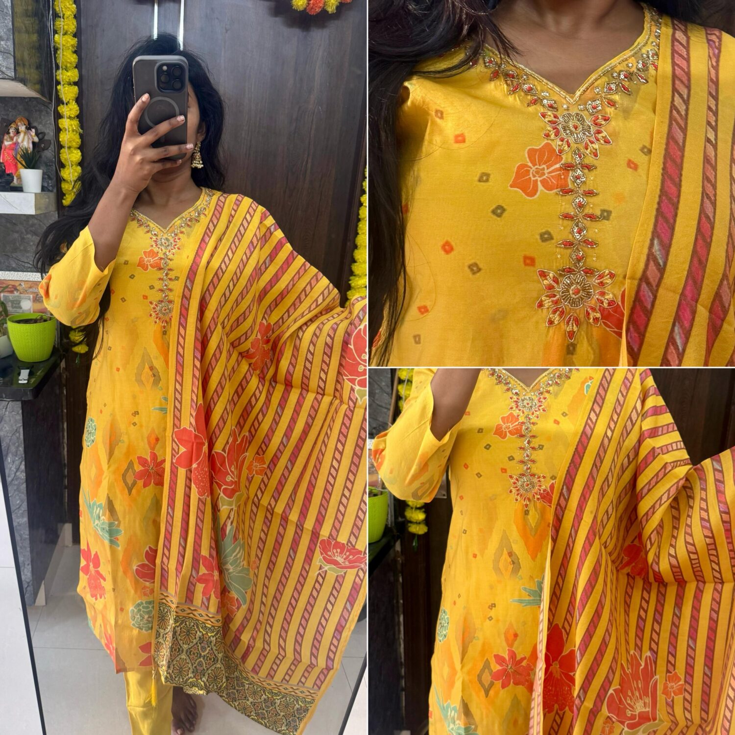 Yellow Floral Viscose Shimmer Kurta With Viscose Dupatta Kurta Set