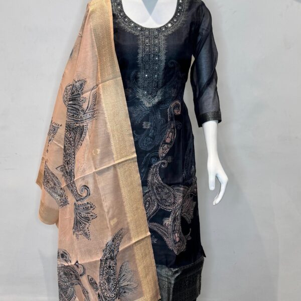 Black Chanderi Mirror Work With Contrast Dupatta
