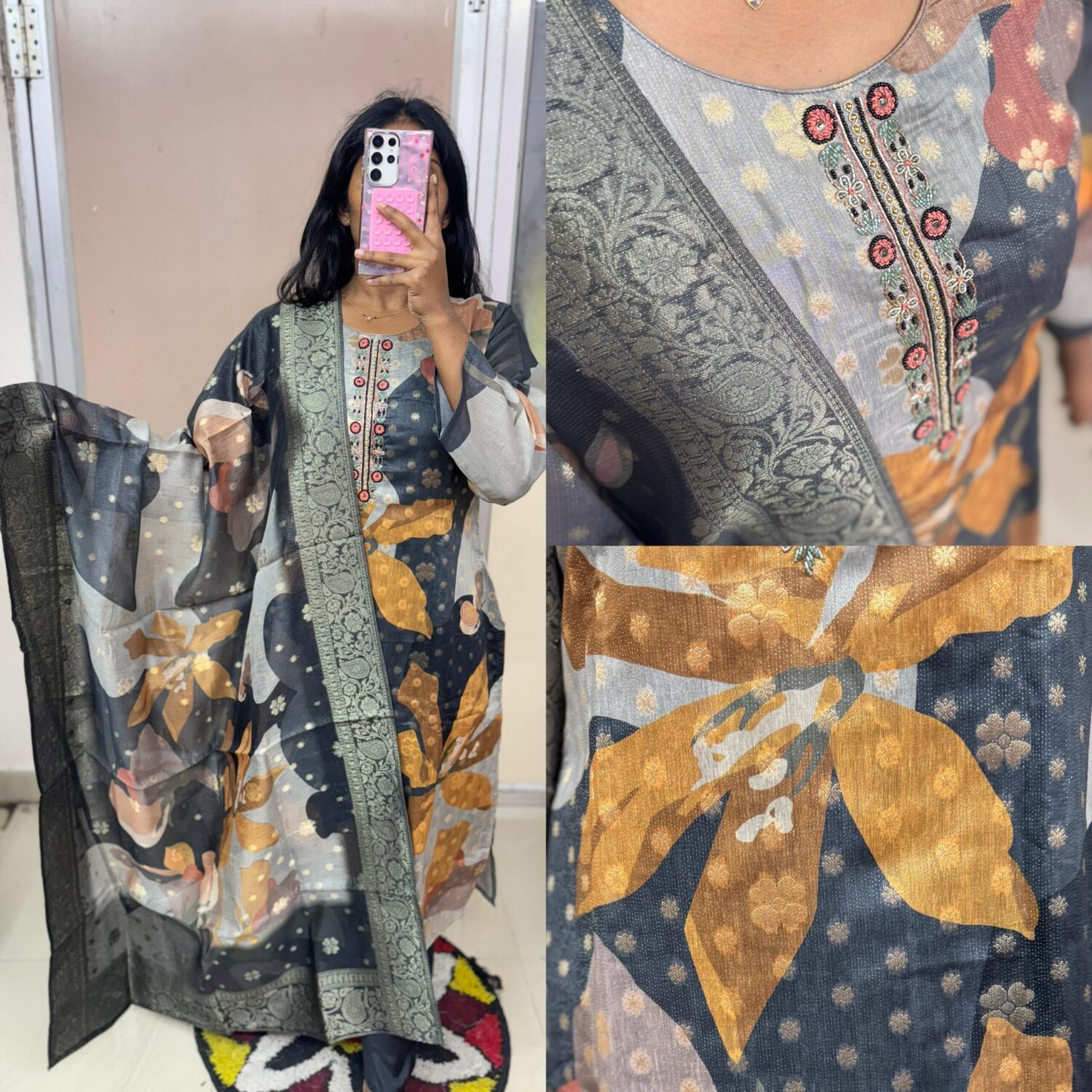 Black Viscose Jacquard Kurta Set