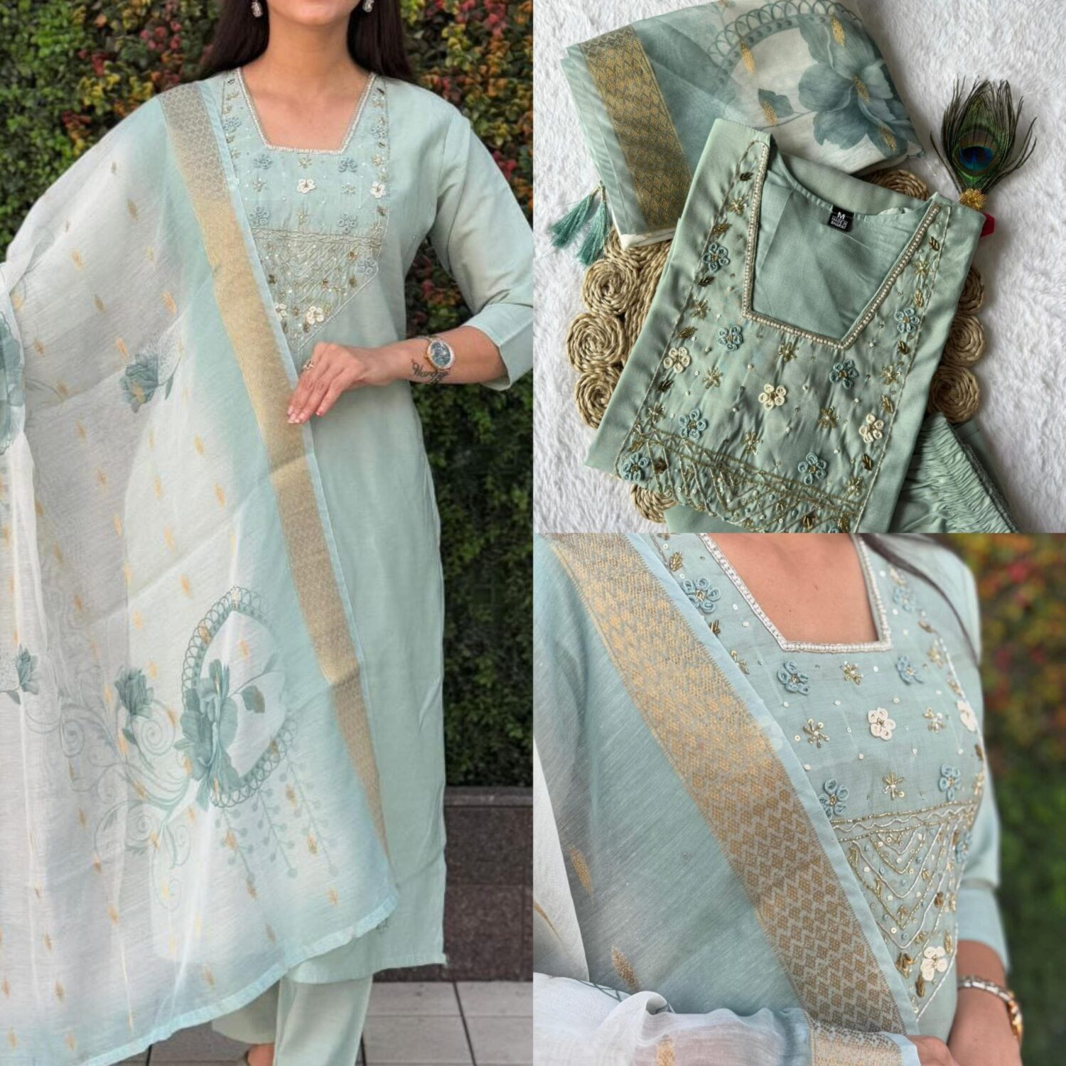 Pastel Green Roman Silk Kurta Set