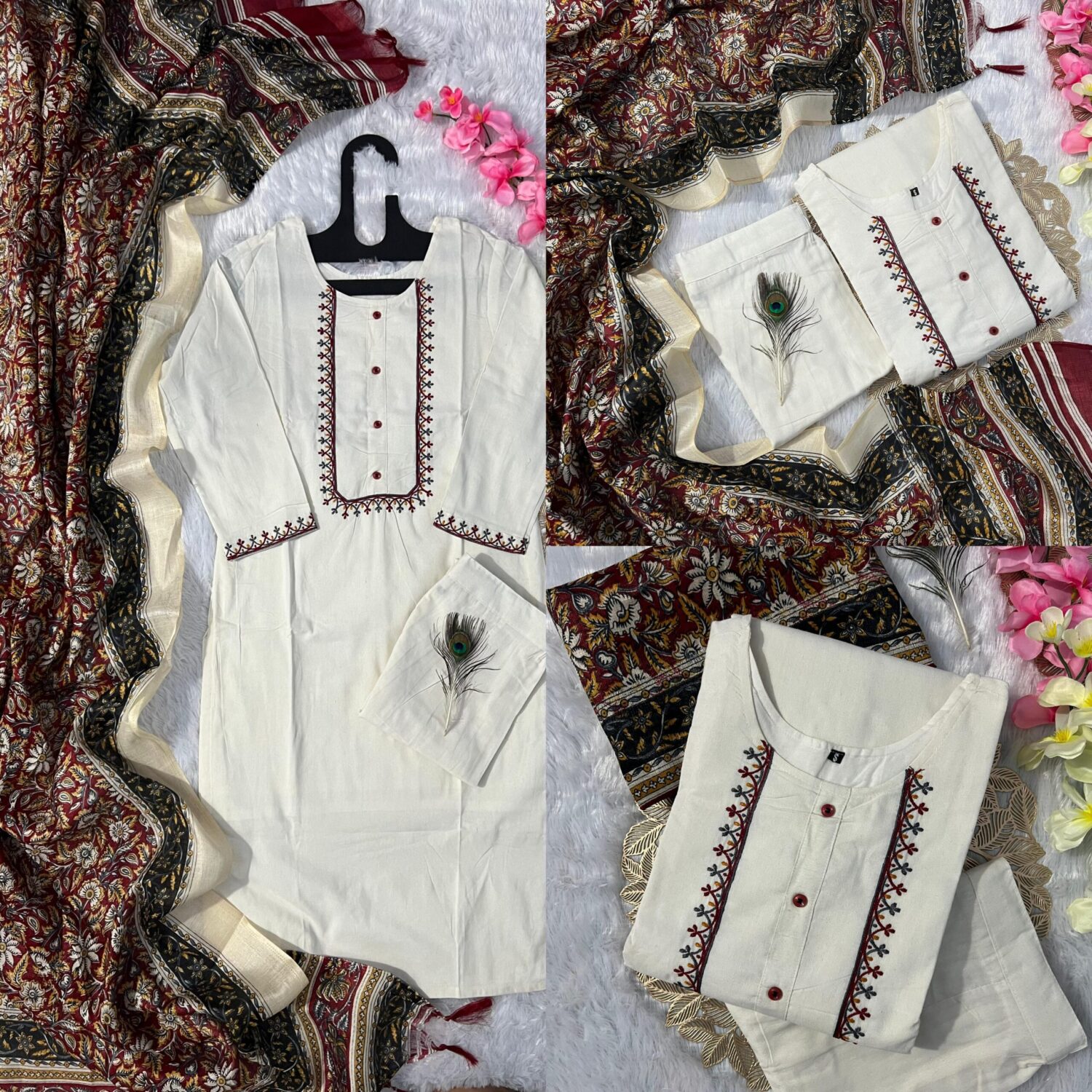 White Traditional Embroidered with Kalamkari Dupatta