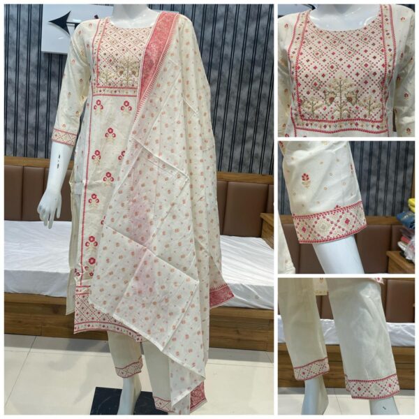 Cotton 60*60 Cream Red Embroidered Kurta Set
