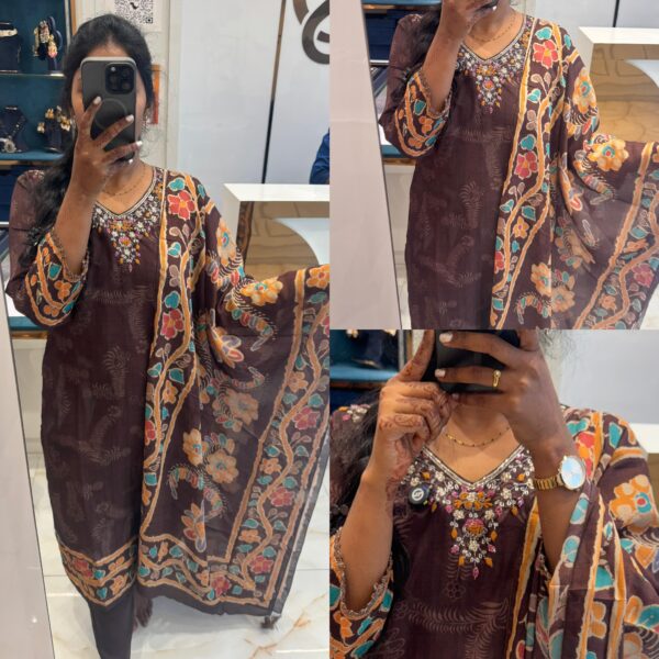 Brown Handwork with Printed Dupatta Kurta Set