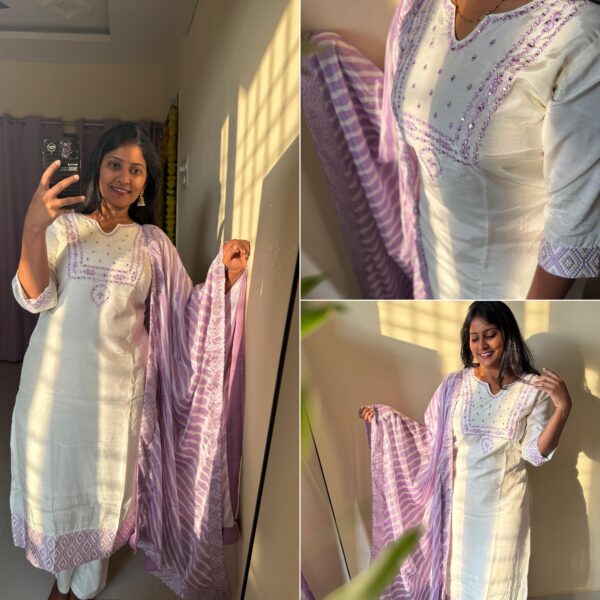 Pure Sluby White & Purple Top With Gajji Silk Soft Dupatta Kurta Set - L-40