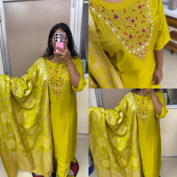 Yellow Heavy Embroidered Kurta Set with Jacquard Dupatta