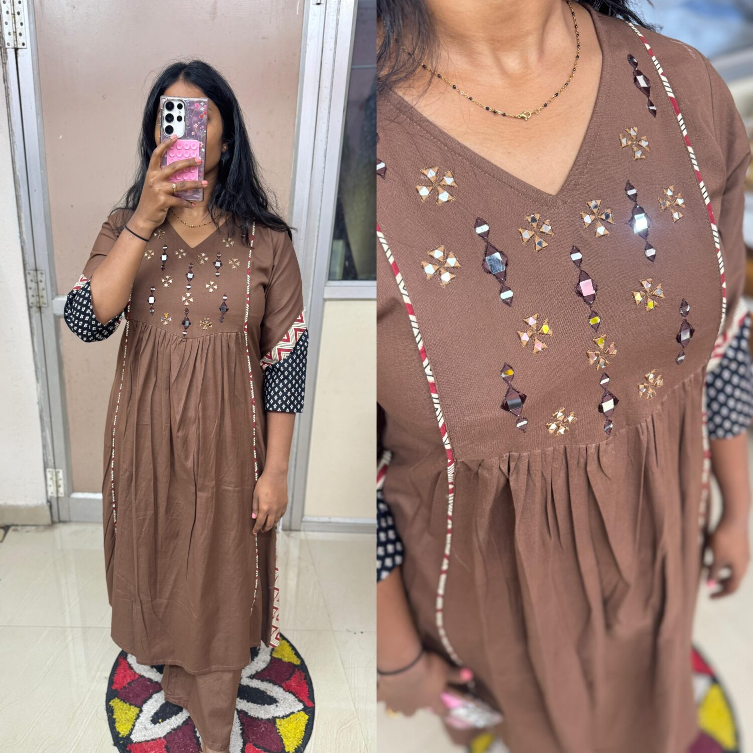 Cotton Brown Mirror 2-Piece Kurta Set
