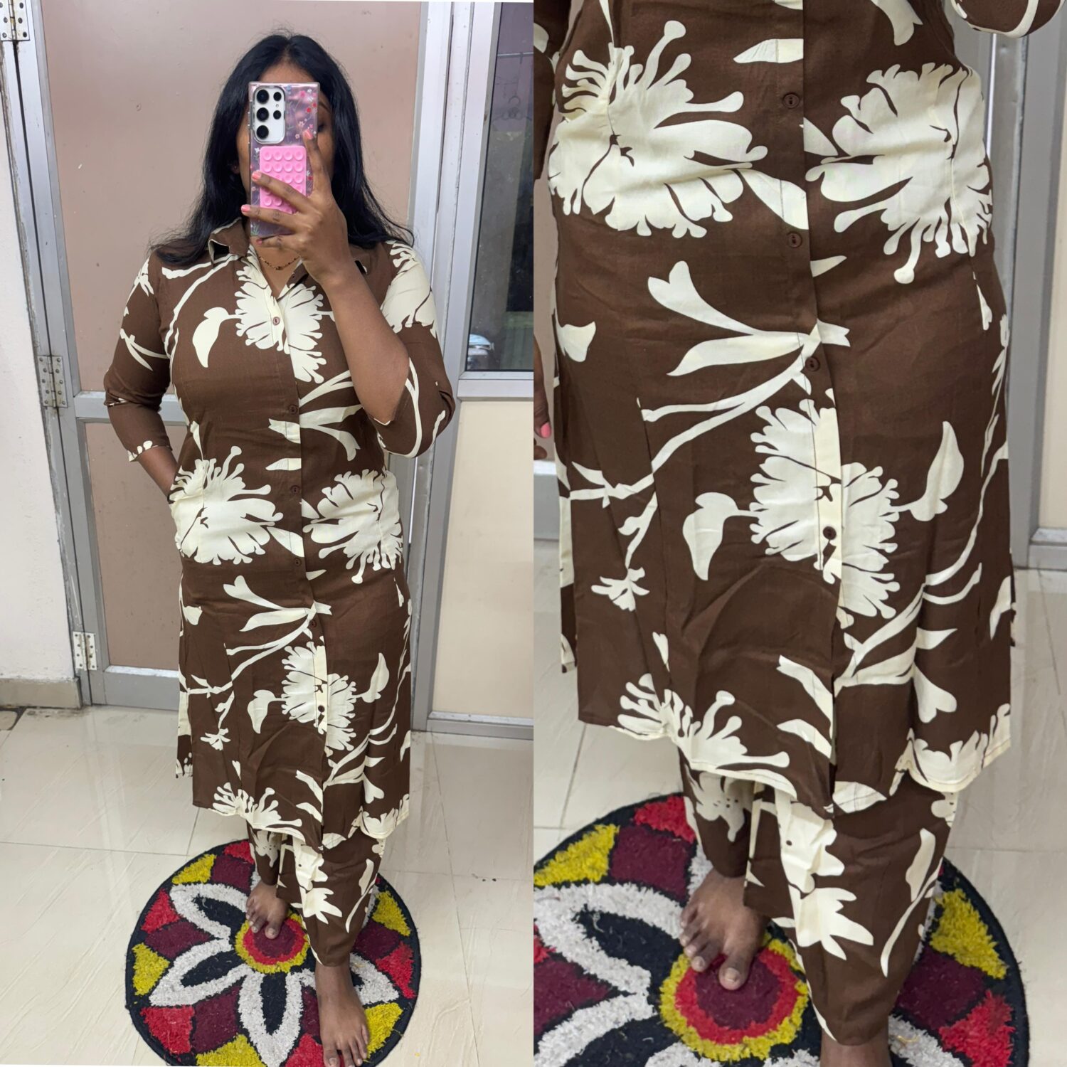 Brown Floral 2 Piece Kurta Set