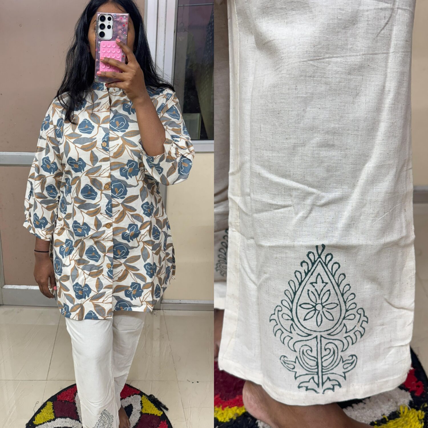 Cotton Printed Cream-Blue Co-Ord Set