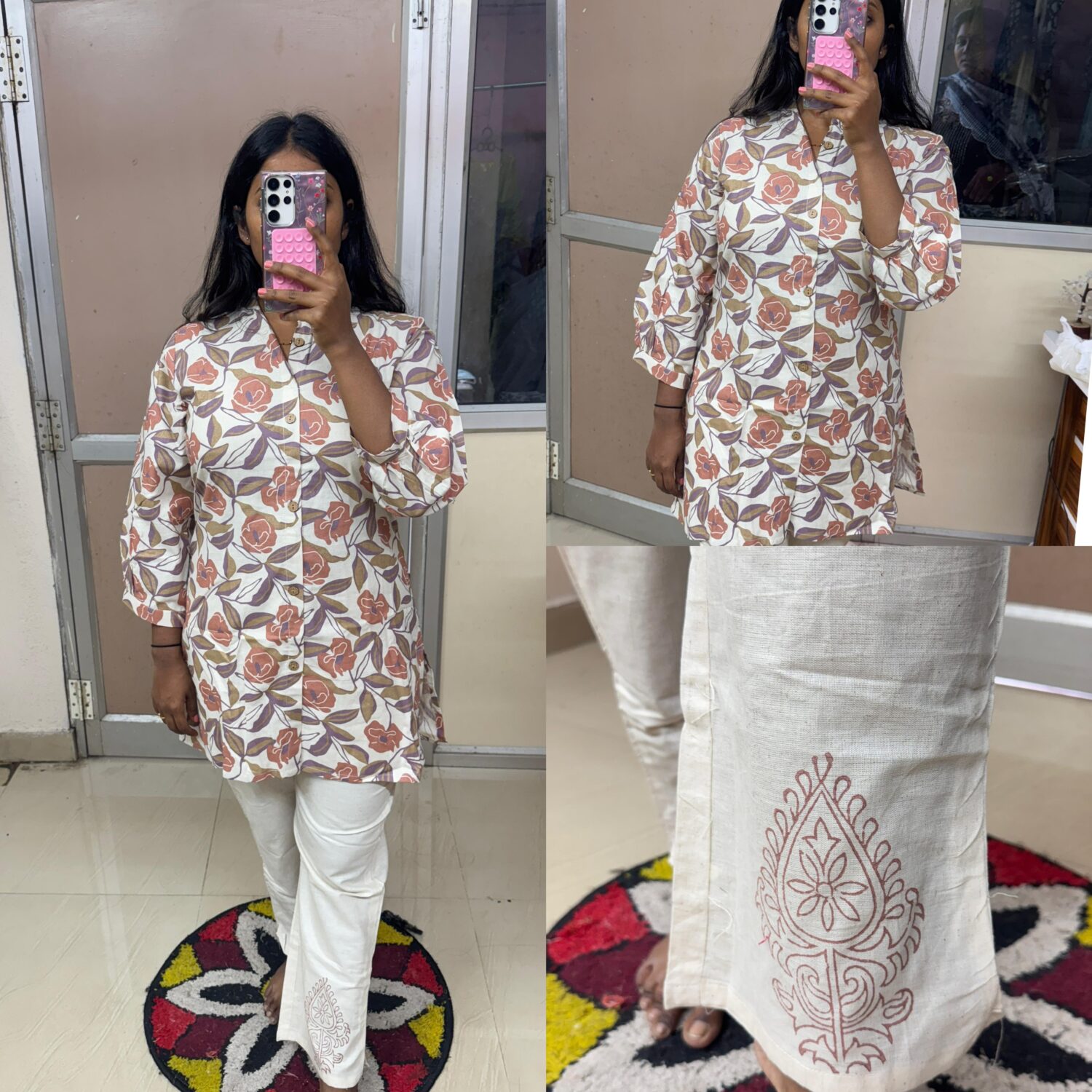 Cotton Printed Cream-Orange Co-Ord Set