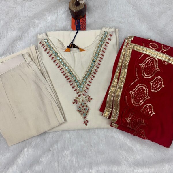 Elegant and Colourful White-Red Embroidered Kurta Set