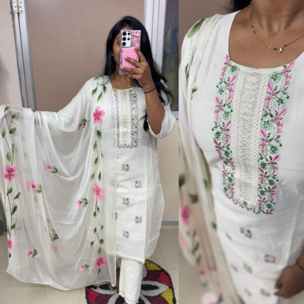 White Flex Cotton Embroidered Kurta Set with Nazim Dupatta - L-40