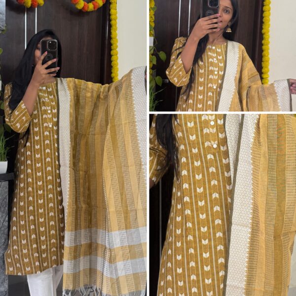 Pure Mangalgiri Handloom Yellow - White Kurta Set - L-40
