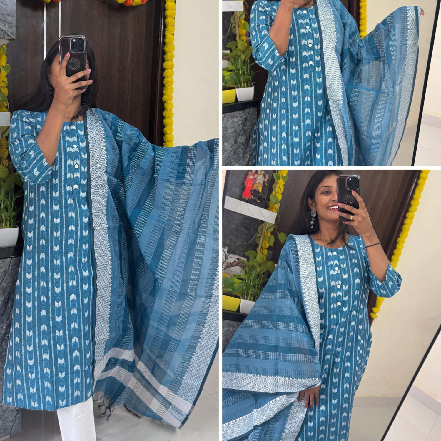 Pure Mangalgiri Handloom Blue – White Kurta Set