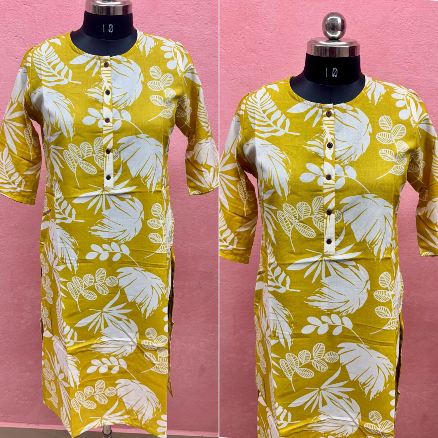 Yellow Floral Print Cotton Kurti