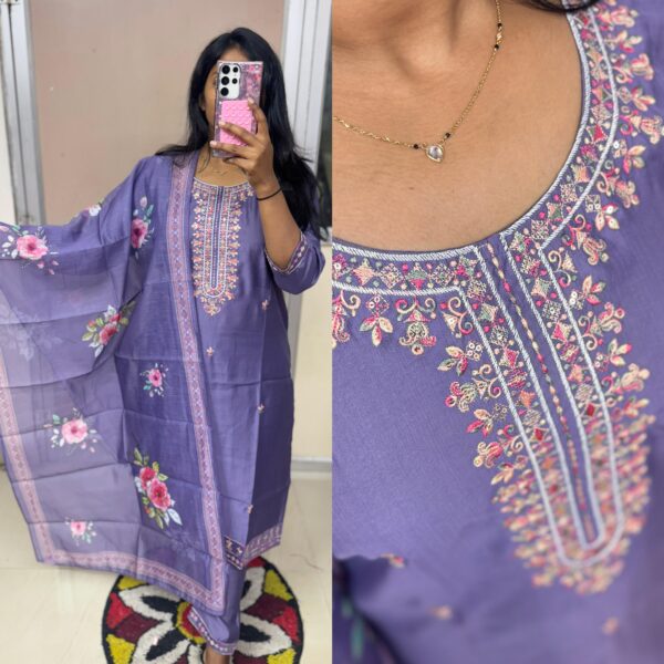 Purple Embroidered with Digital Print Dupatta