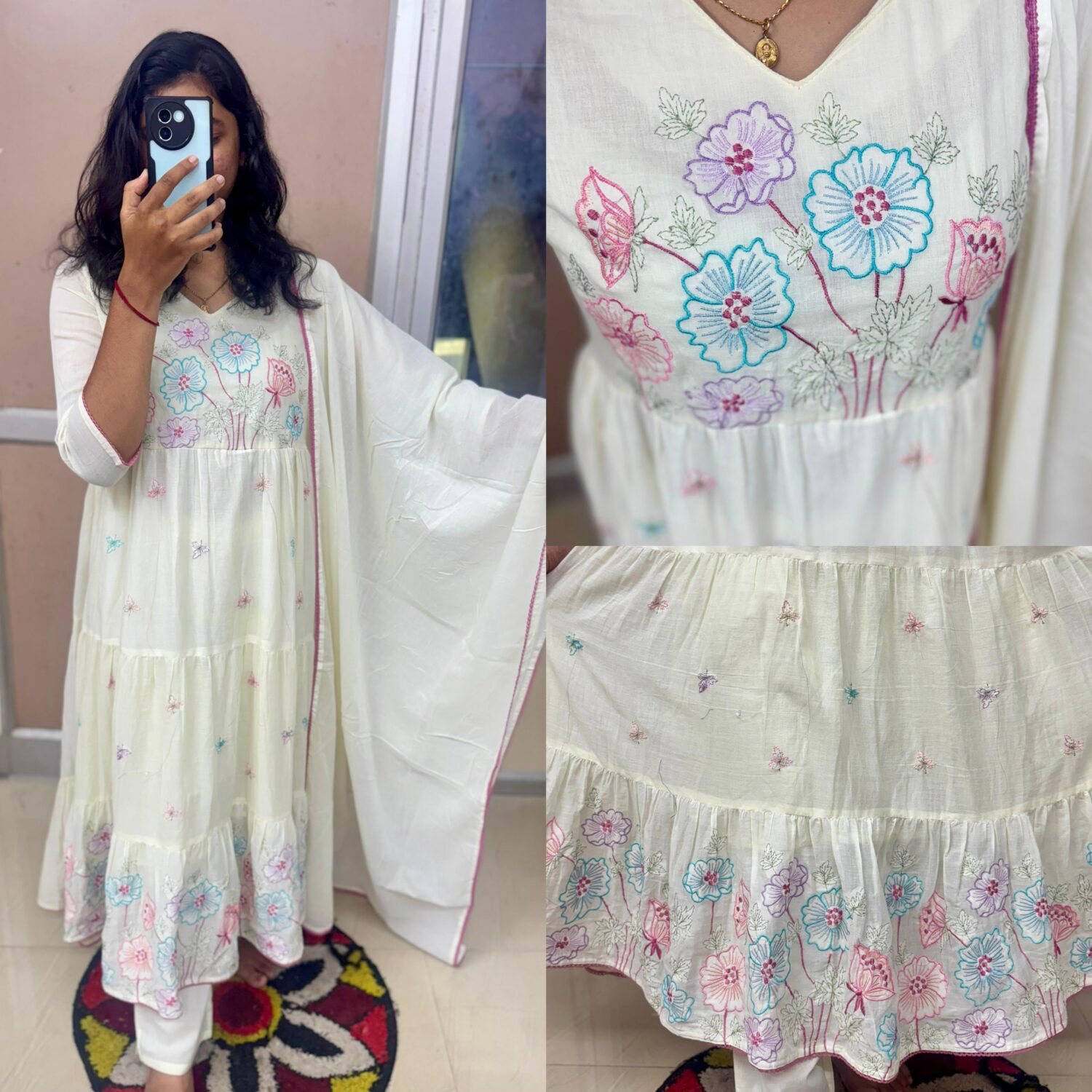 Cream White Mul Cotton Embroidered Kurta Set