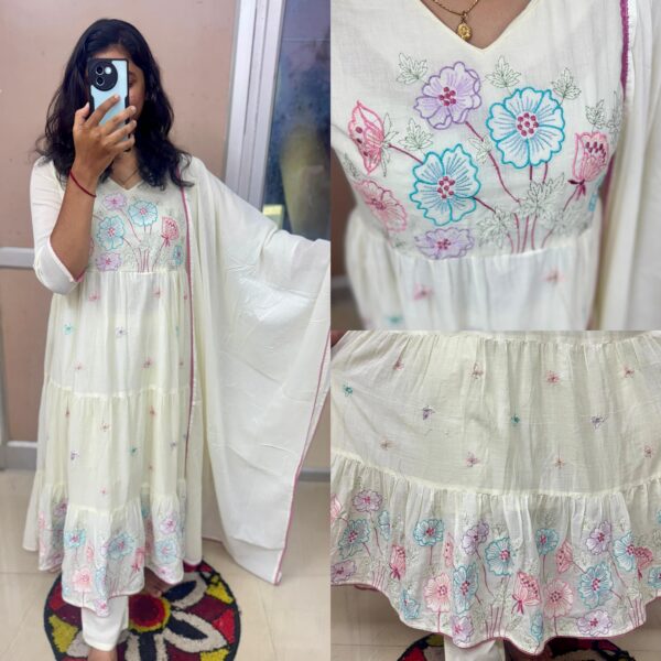 Cream White Mul Cotton Embroidered Kurta Set