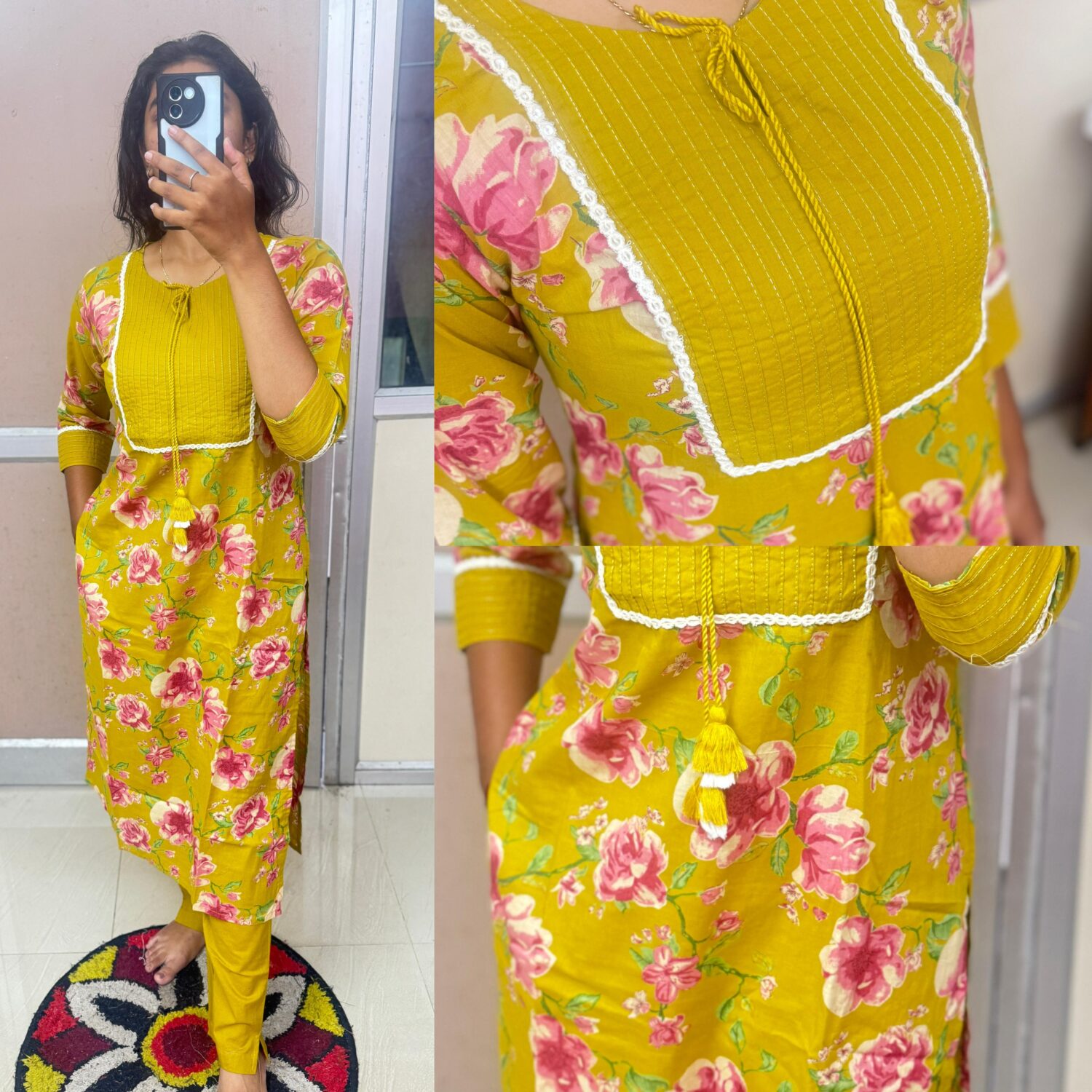 Yellow Floral Cotton 2pc Kurta Set