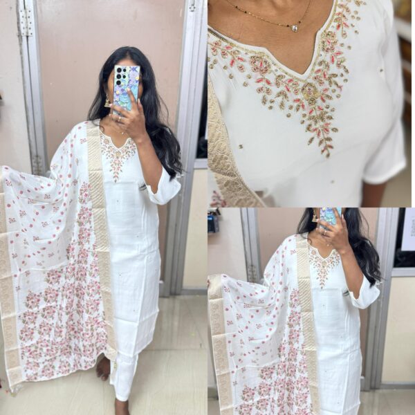 Pure White Romansilk Handwork Kurta Set
