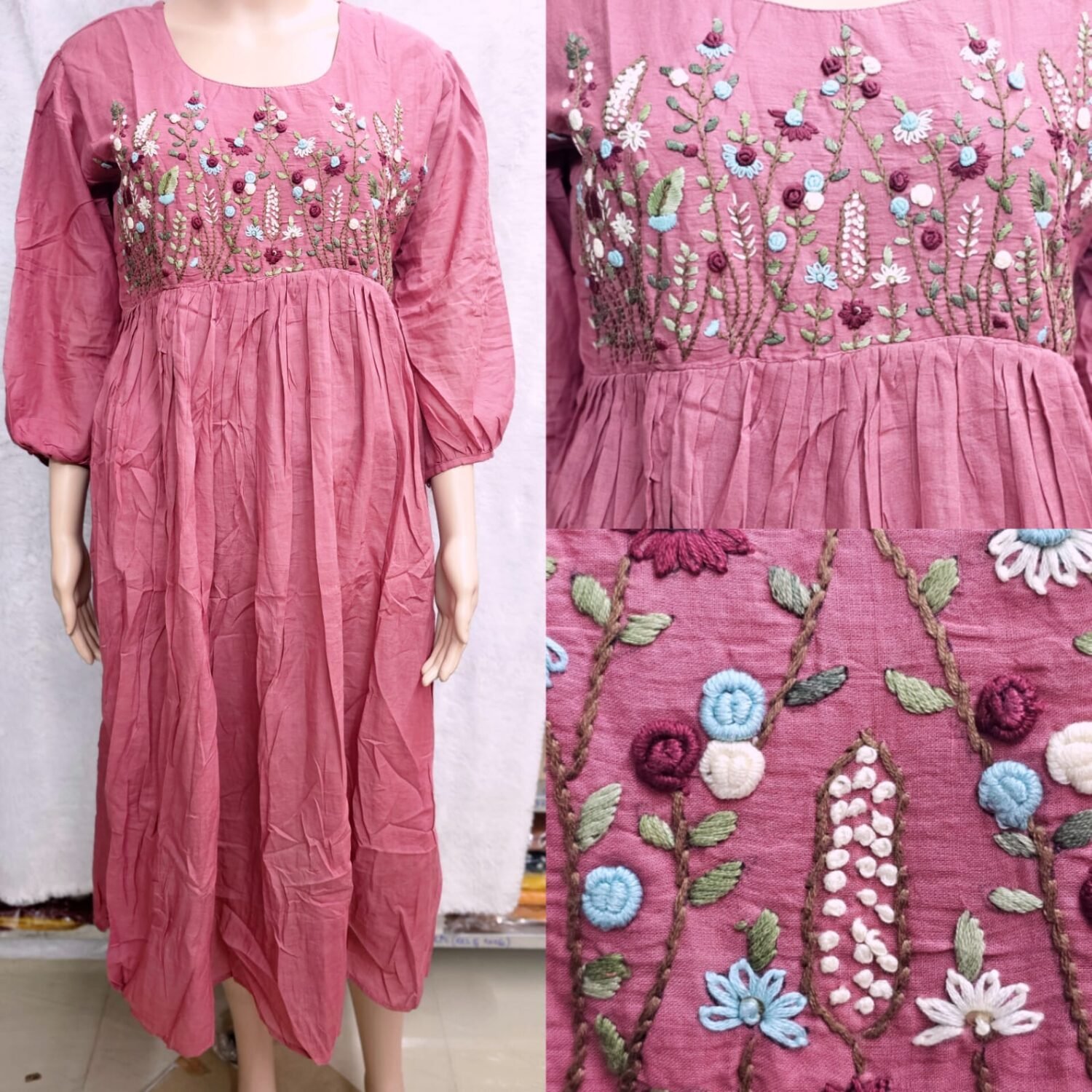 Pure MullCotton Pink Hand embroidery Frock with lining