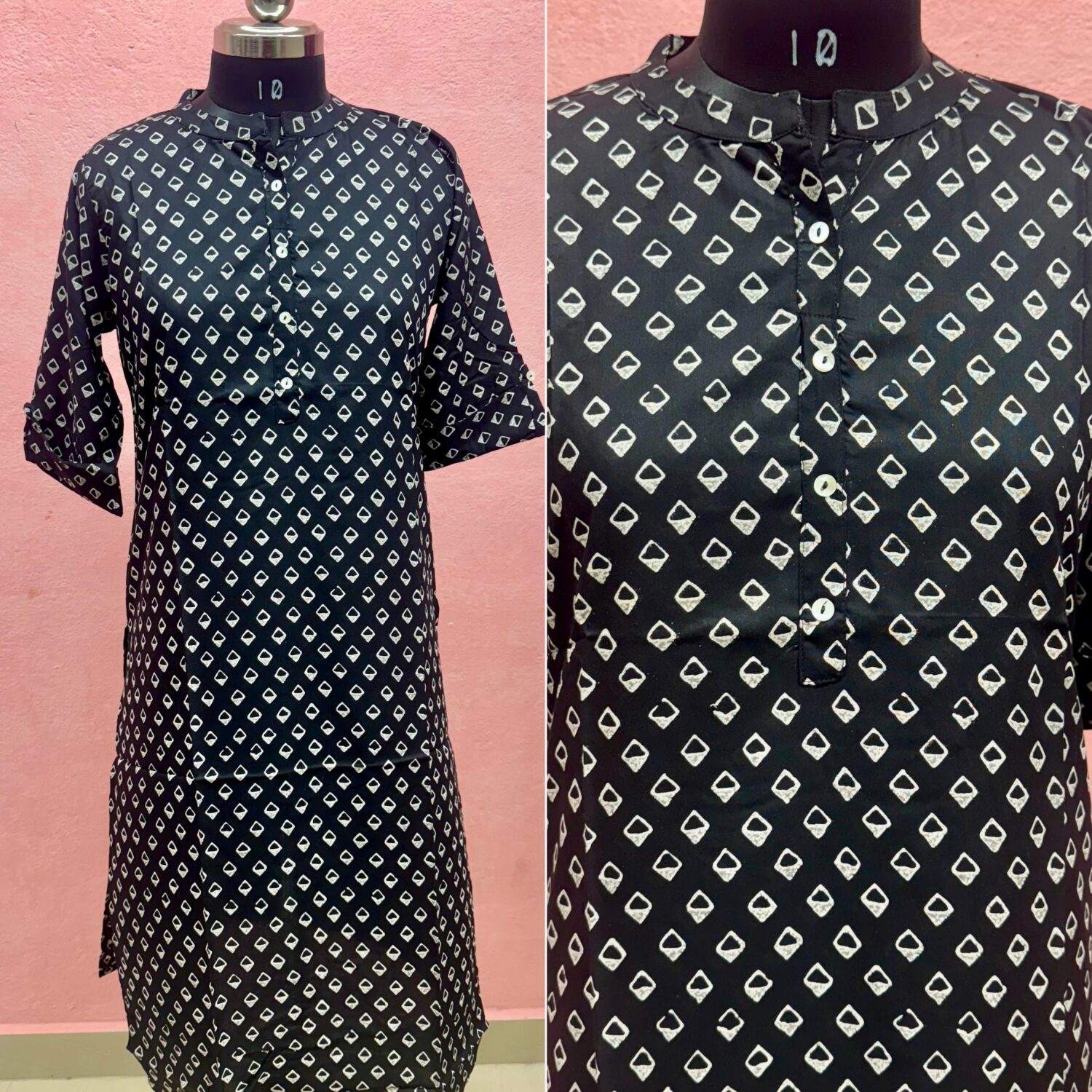 Black Cotton Kurta with White Geometric Pattern