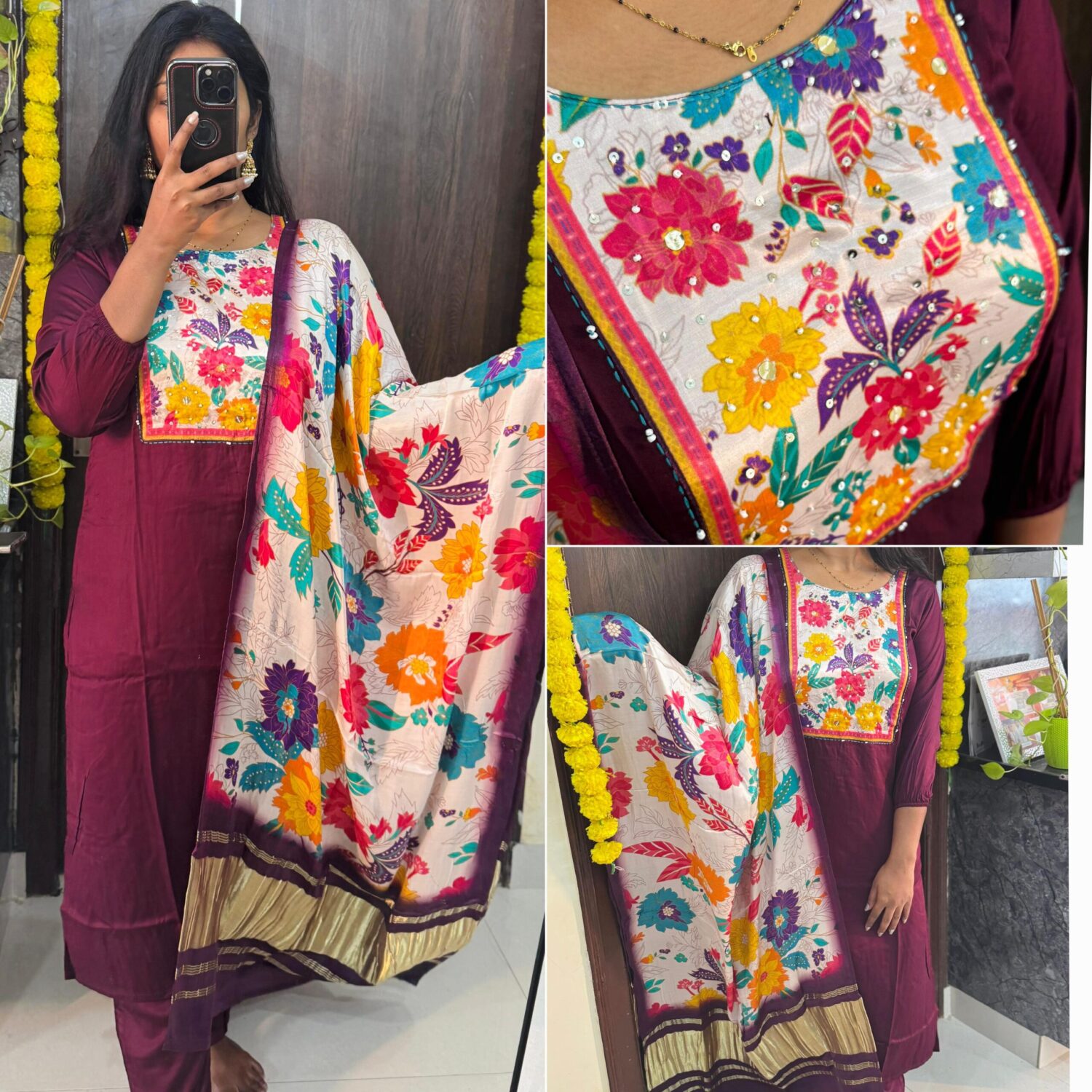 Maroon Pure Soft Gajji Silk Bandhani kurta With Floral Gajji Dupatta Set