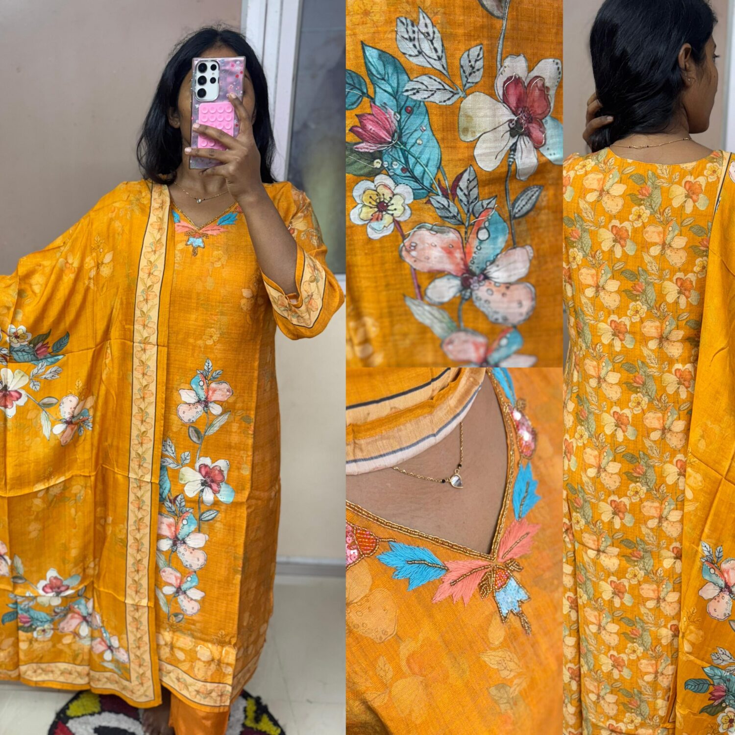 Viscose Floral Print Orange Handwork Neck Kurta Set