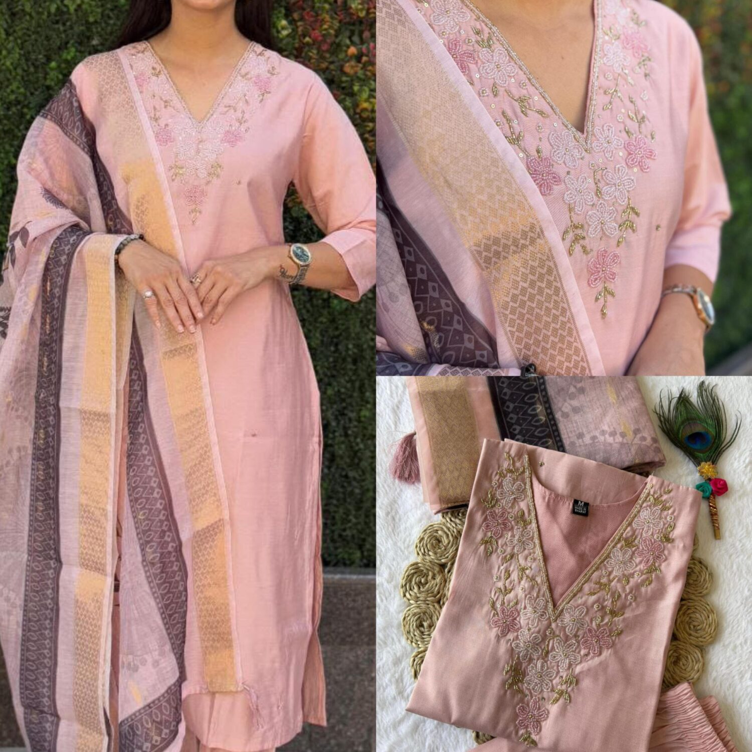 Peach Pink Roman Silk Kurta Set