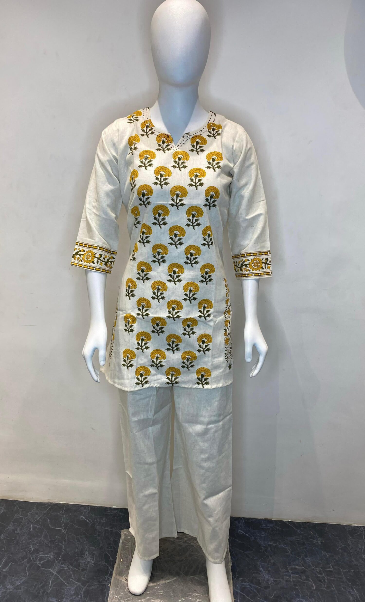 Cotton White Yellow Floral Co-Ord Set