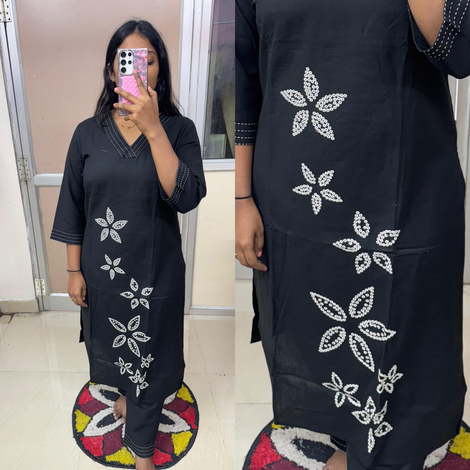 Black Cotton Thread Work 2-Piece Kurta Set