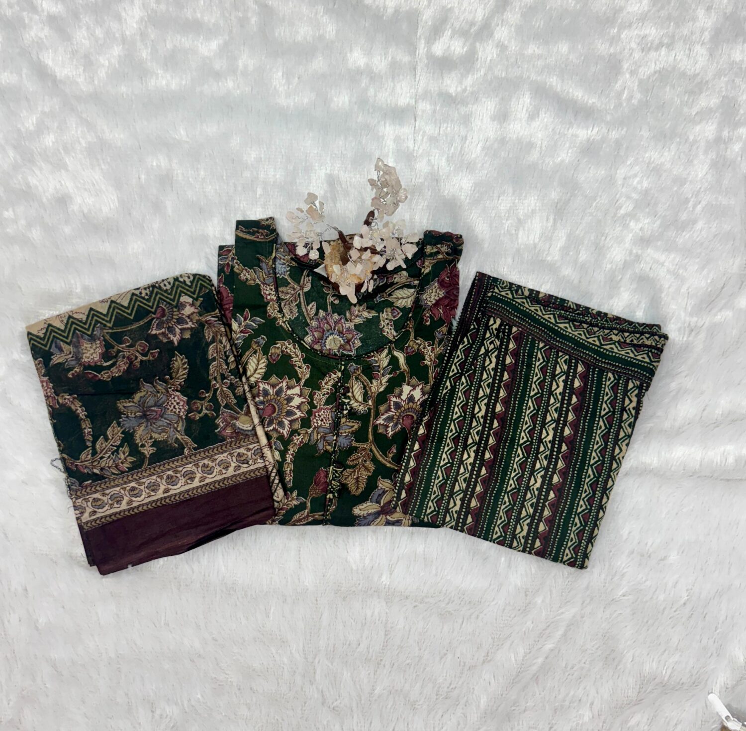 Dark Green Floral Printed Cotton Kurta Set