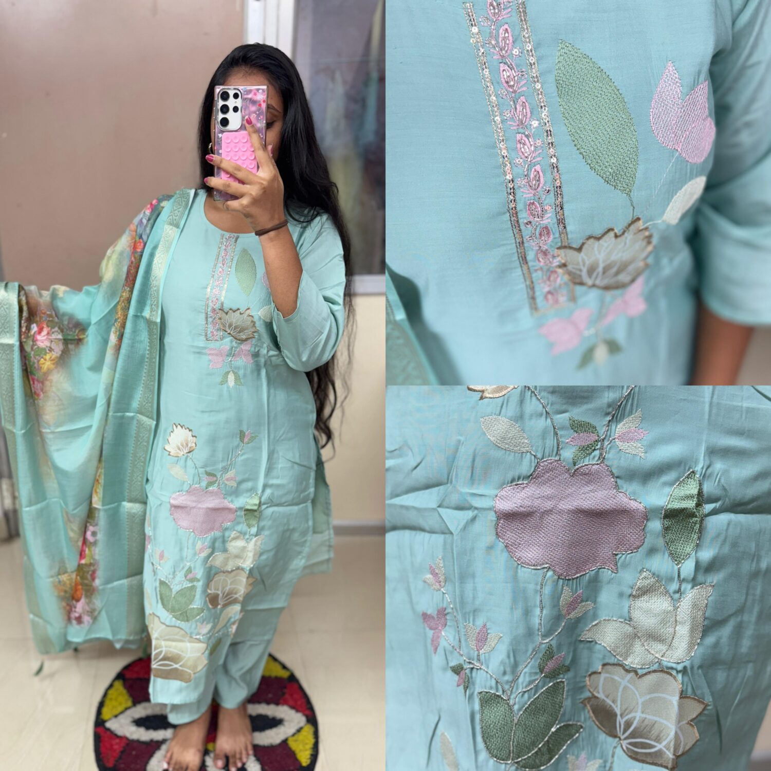 Sea Green Handwork Kurta Set  Digital Print Dupatta