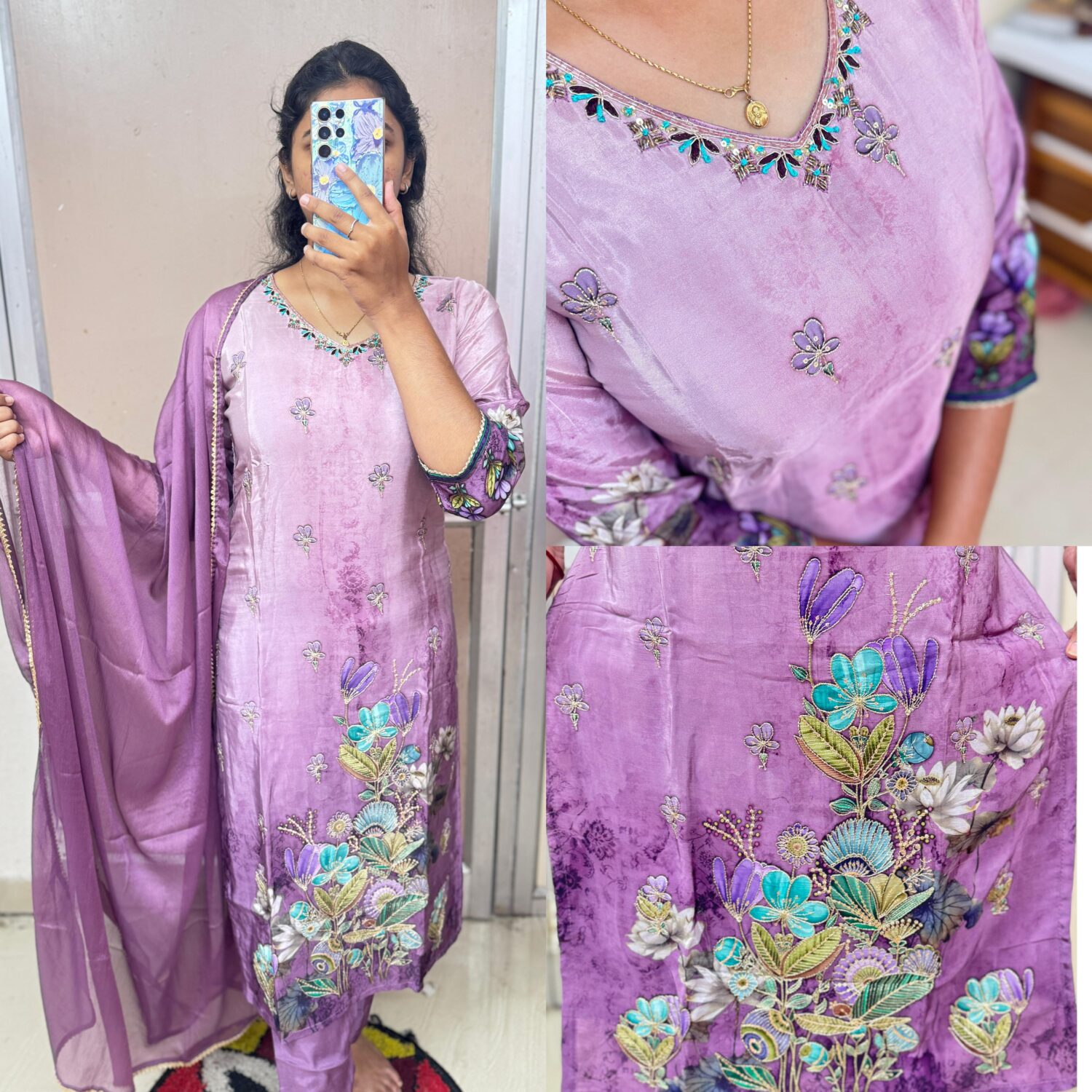 Pure Crape Puffy Heart Embroidered Kurta Set