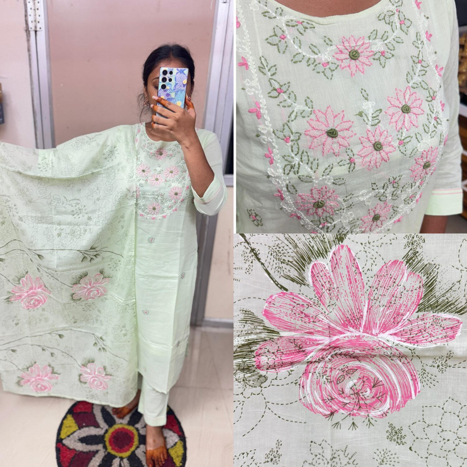 Pista Green Mul Cotton Thread Embroidered Kurta Set