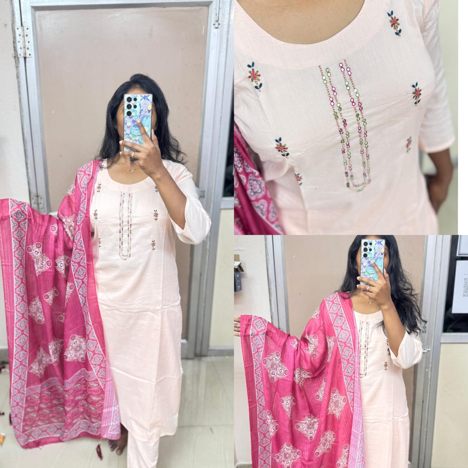 Light Pink Pure Cotton 60 * 60 with Poly cotton Dupatta