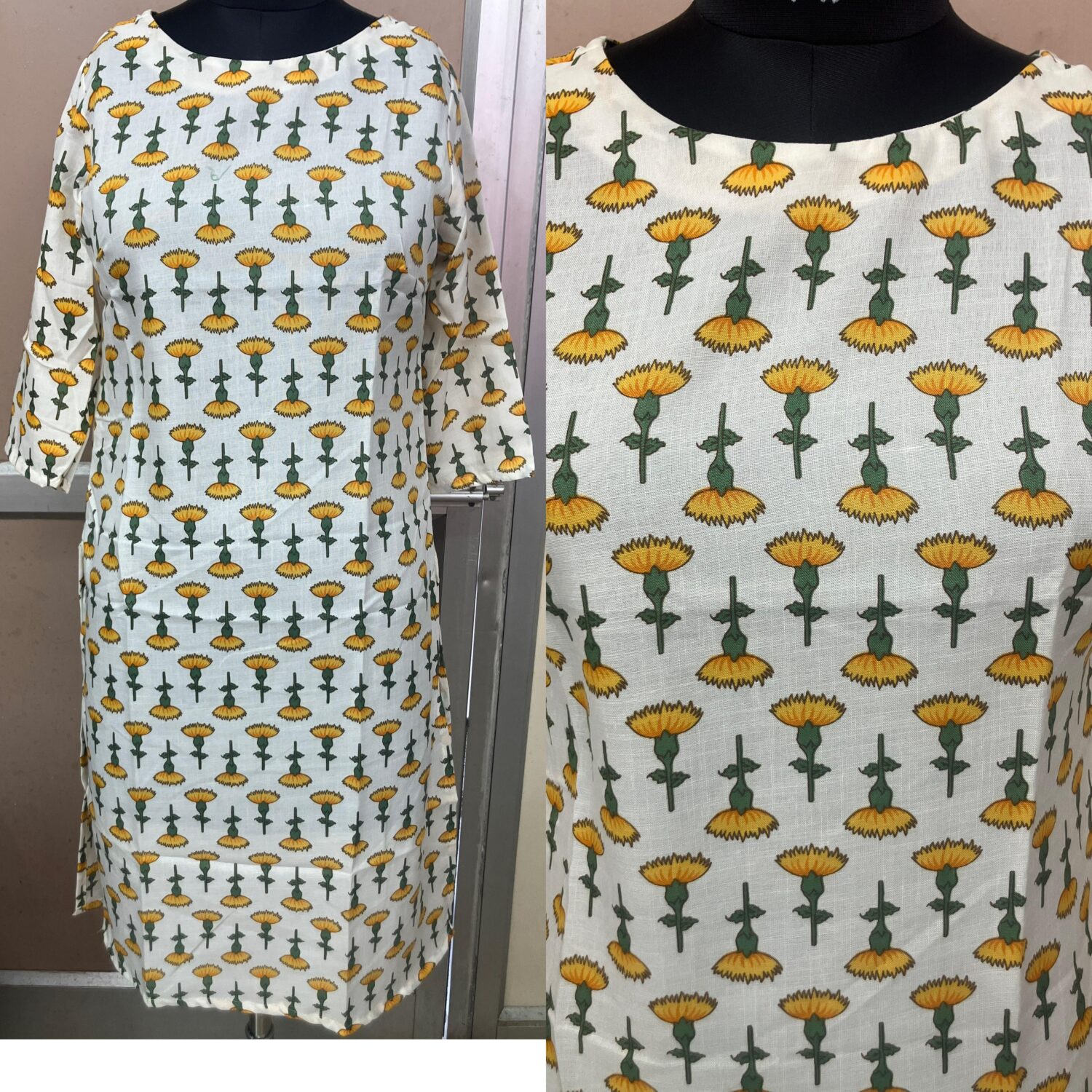 Cotton White Yellow Floral Print Kurti