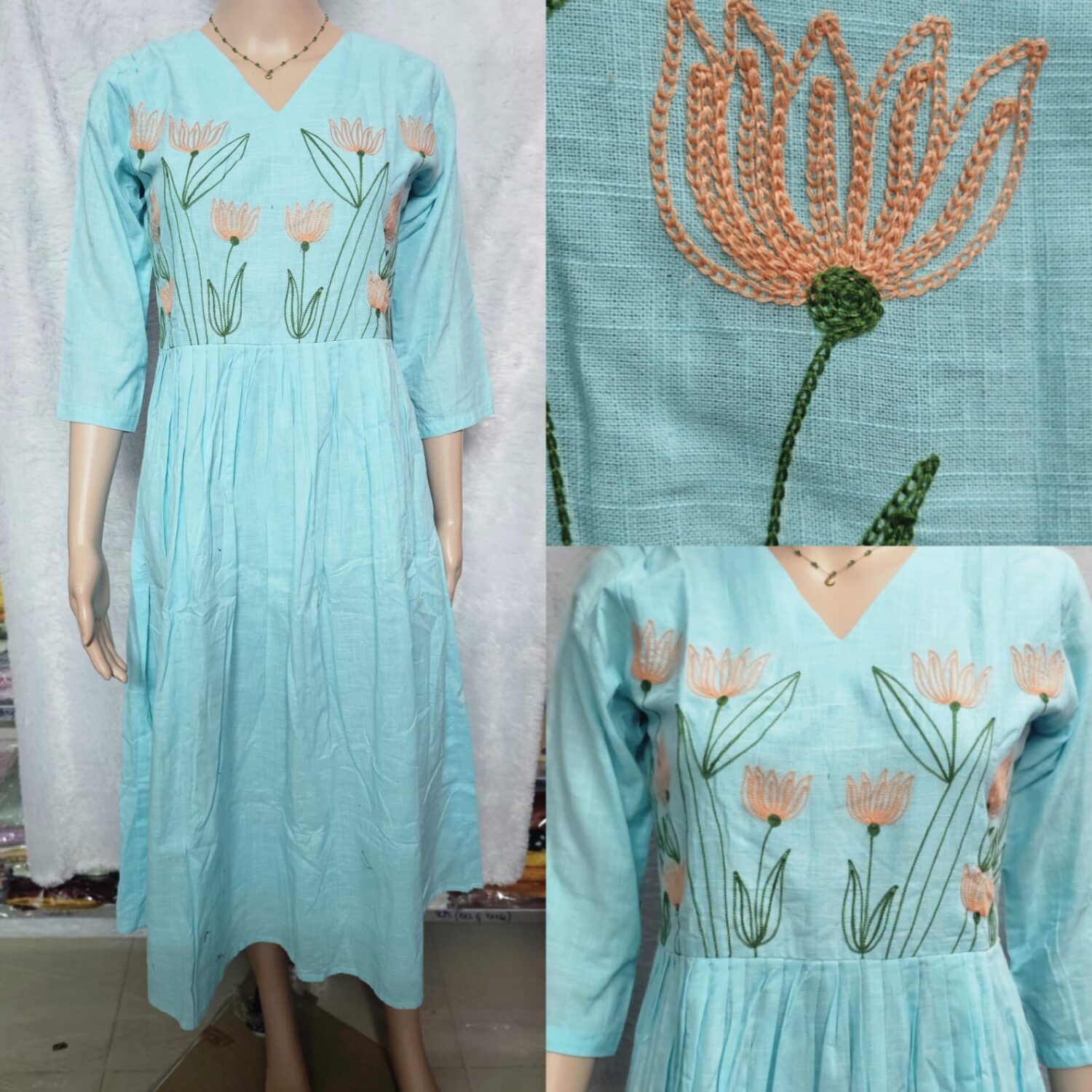 Cotton Sea blue With Contrast Floral Thread work Frock with lining