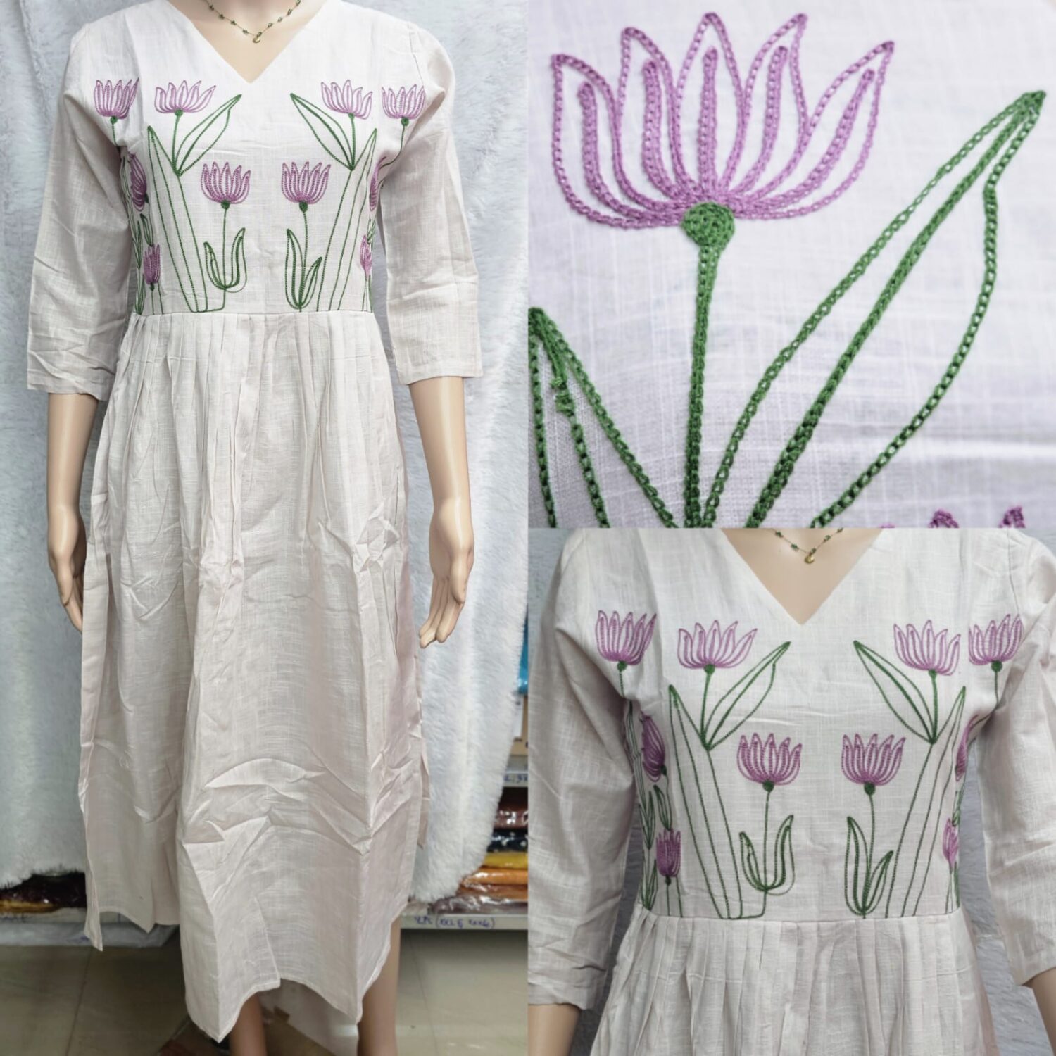 Cotton Cream colour With Contrast Floral Thread work Frock with lining