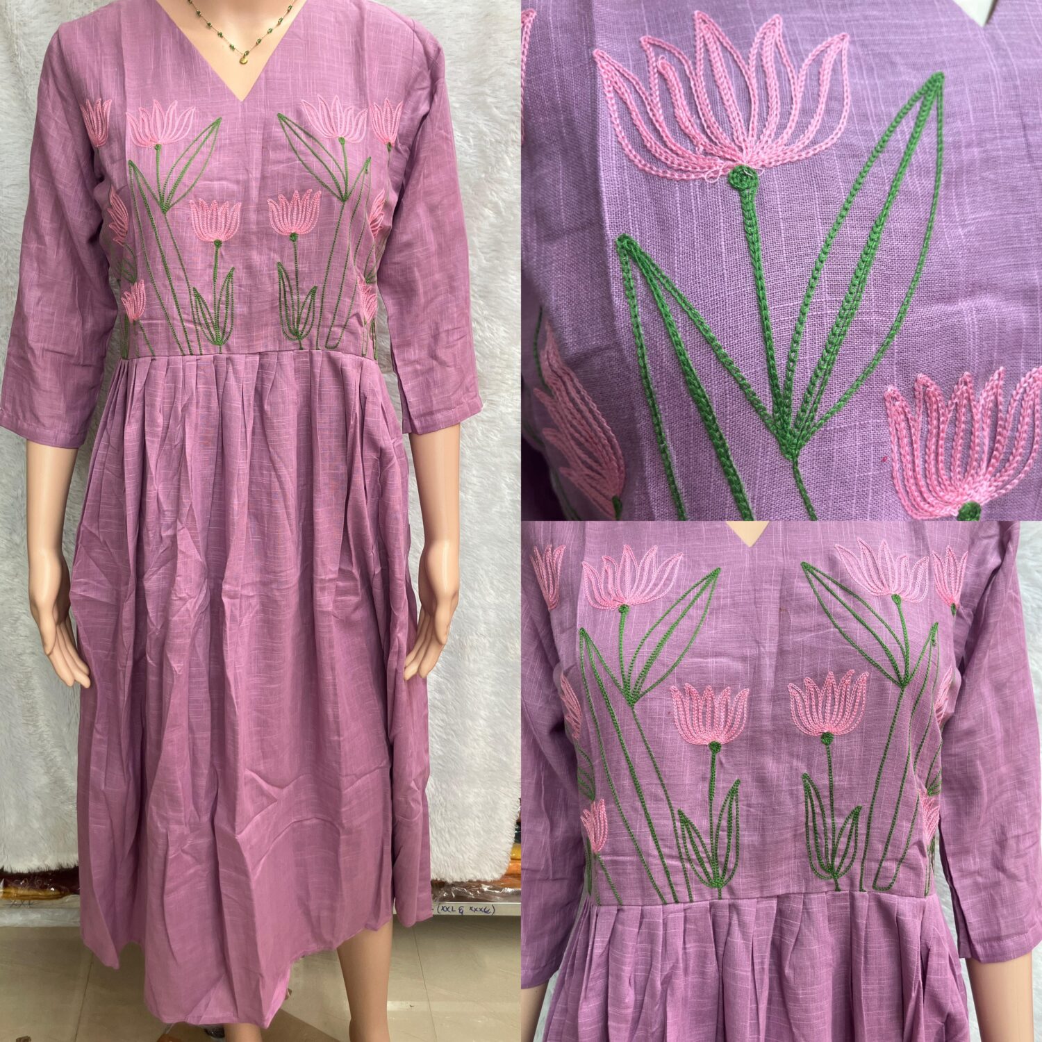 Cotton Pink With Contrast Floral Thread work Frock with lining