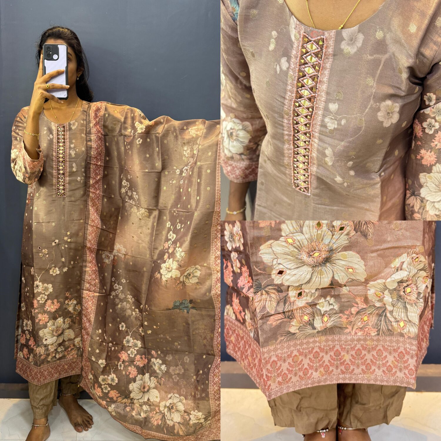 Brown Gold Organza Tissue Kurta Set