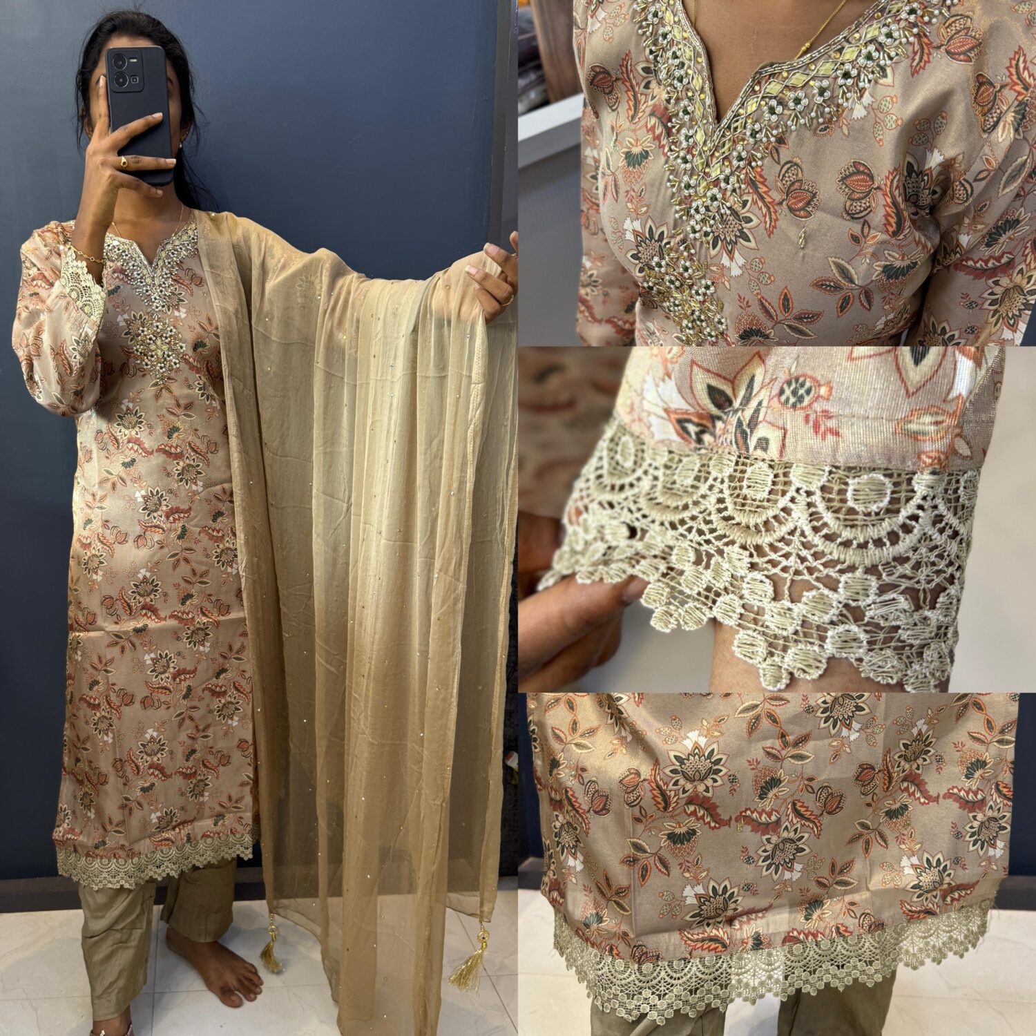 Tissue Shimmer with Embroidered Lace work Kurta Set
