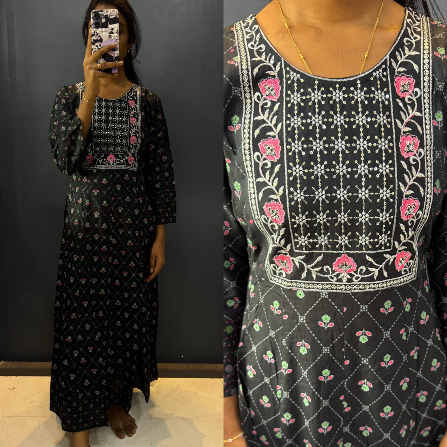 Black Rayon Thread Embroidery Frock