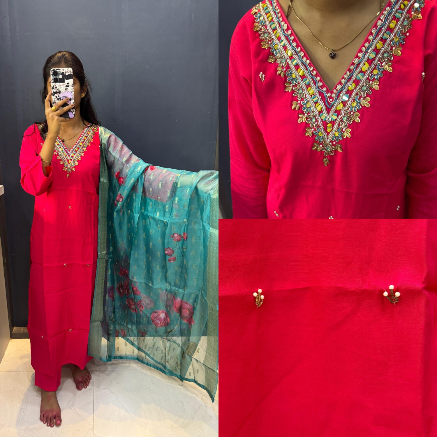 Pink Romansilk V With Contrast Dupatta