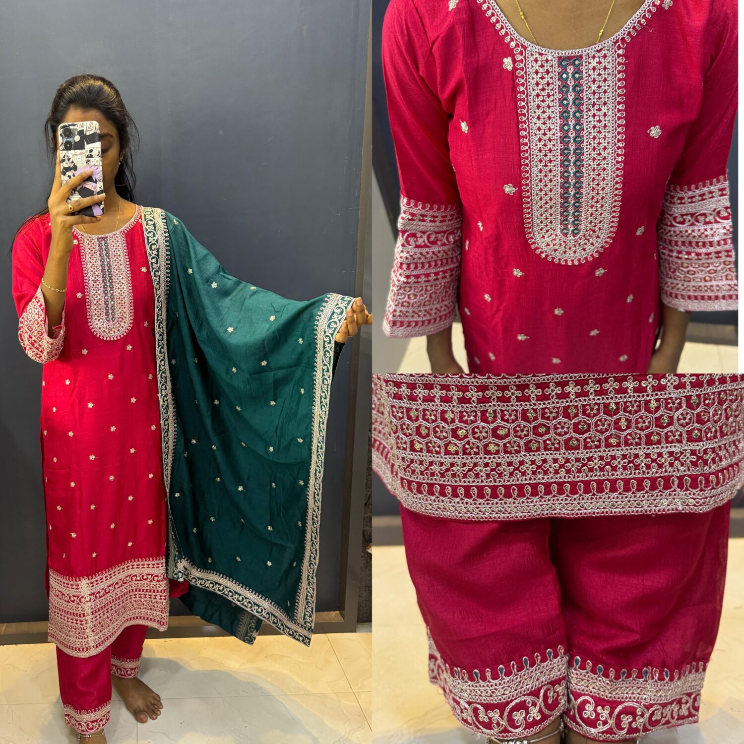 Vichitrasilk Red with Green Contrast Dupatta