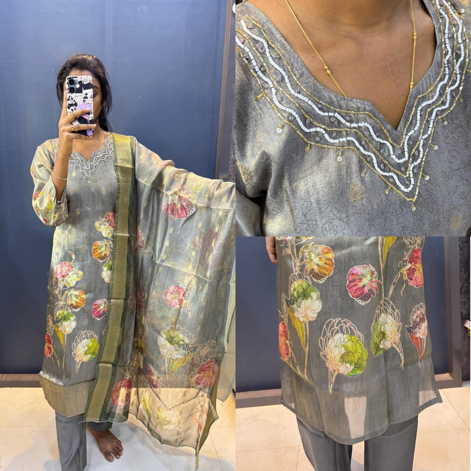 Dark Grey Tissue Shimmer Handwork Kurta Set