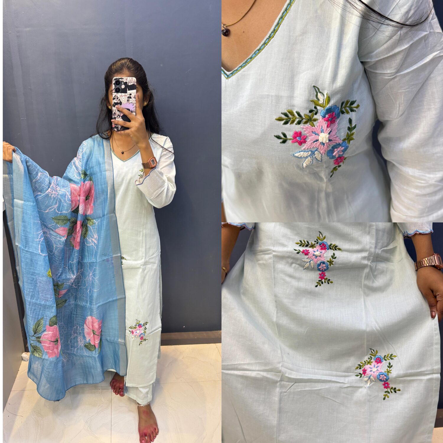 Blue Cambridge Cotton White Printed Dupatta