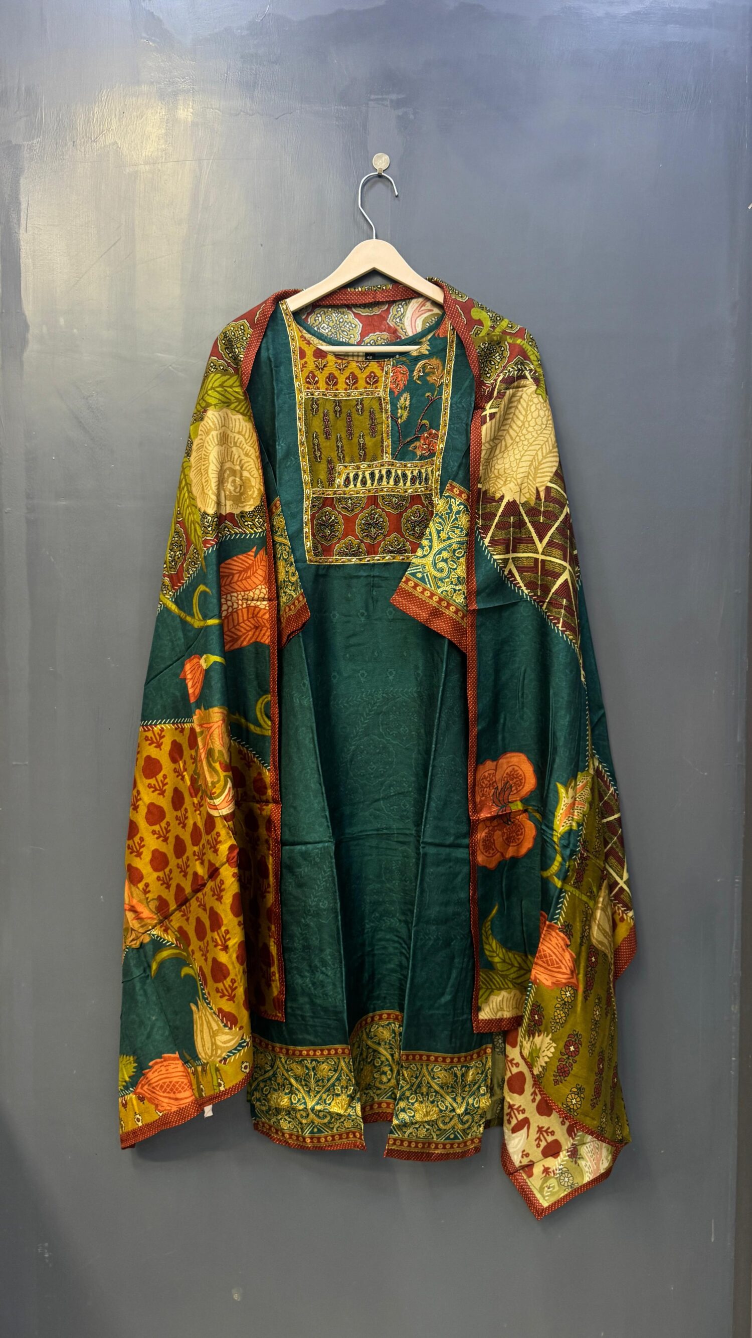 Russian Silk Mud Green 3D EMBOSS Handwork Kurta Set